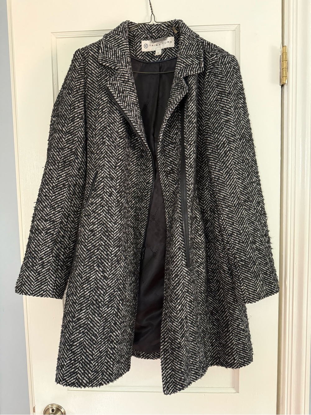 Trina Turk Black & White Herringbone Trench Coat